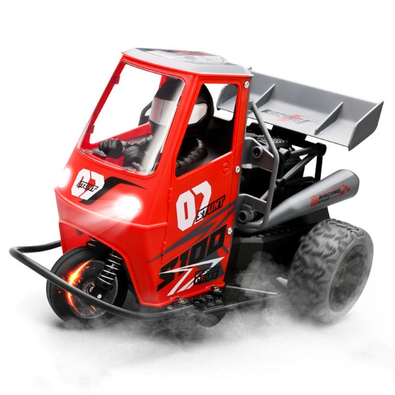 S100 1/16 2.4G 2WD RC Tricycle Motorcycle LED Light Spray Stunt Vehicles Car Full Proportional High Speed Differential Models RTR Toys