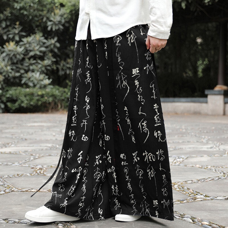 INCERUN Men Pants Loose Fit Wide Leg Pants Chinese Art Words Print Men Trousers Summer Fashion Male Elastic Pants