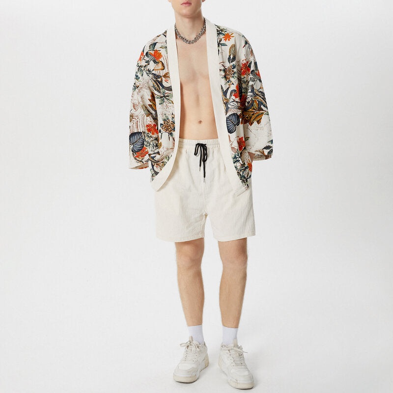 INCERUN Men Sets Printing Streetwear Half Sleeve Open Stitch Shirt Kimono & Shorts 2PCS Retro Cotton Men Casual Suits S-5XL