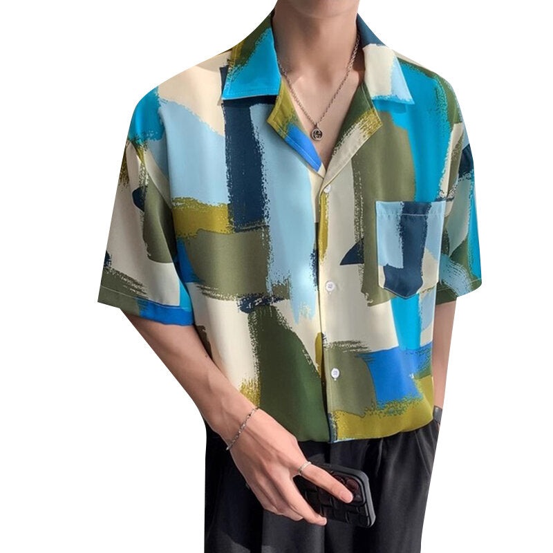 INCERUN Men Shirt Stylish Color Block Print Short Sleeve Shirt Summer Fashion Daily Cool Lapel Top Shirts Male Clothing