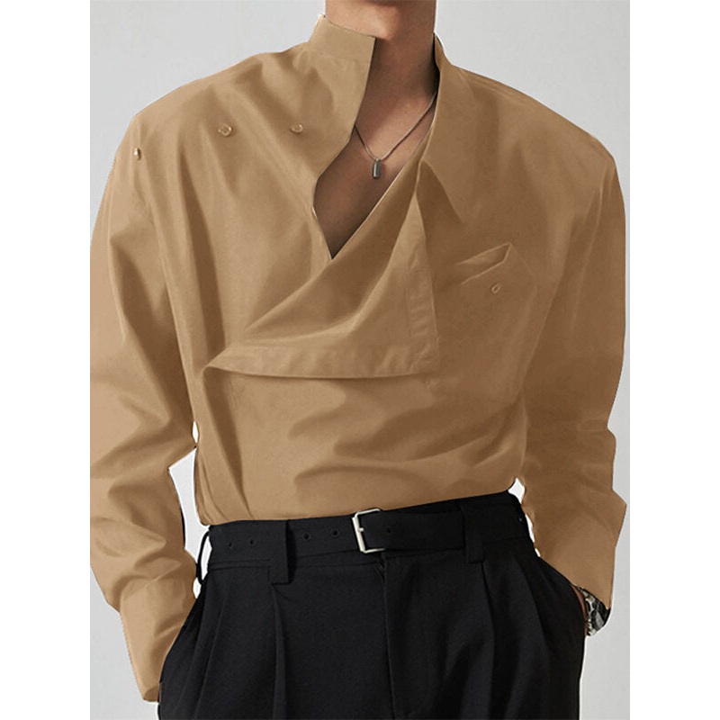 INCERUN Men Shirts Fashion Solid Color Lapel Shirt Top Daily Long Sleeve Shirt Mens Clothing with Pocket Casual Men’s Suits
