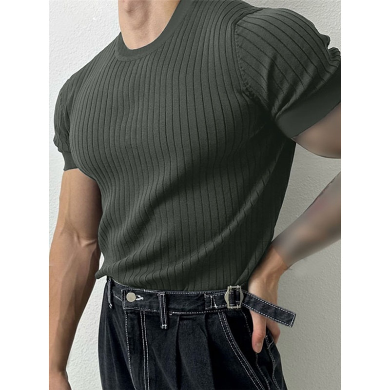 INCERUN Men Solid Color Knitted T-shirt Summer Daily Casual Tee Men’s Top