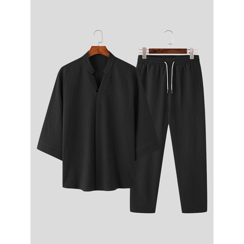 INCERUN Mens Sets 3/4 Short Sleeve Shirt & Pants Two Pieces Set Loose Daily Men’s Casual Suits