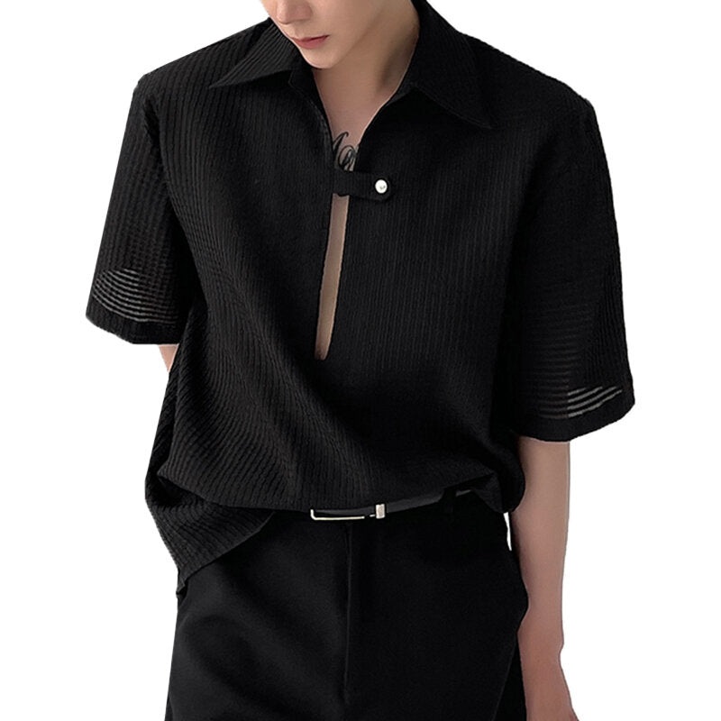 INCERUN Mens Shirt Solid Color Slightly Transparent Lapel Shirt Casual Short Sleeve Breathable Top Summer Daily Male Clothing