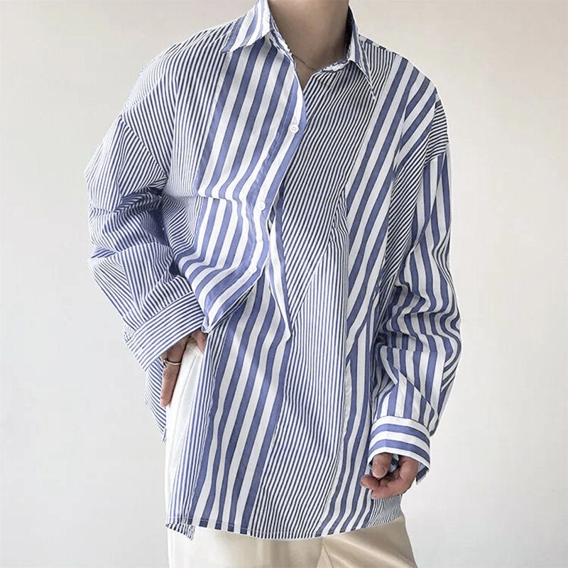 INCERUN Mens Shirt Striped Lapel Collar Long Sleeve Top Shirts Summer Daily Casual Male Clothing Fashion Design Shirts