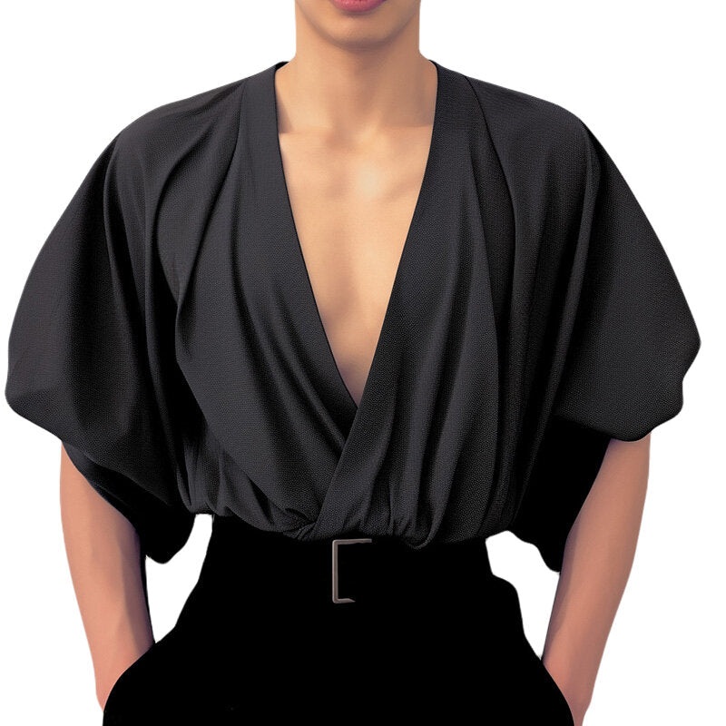 INCERUN Mens Shirts Fashion Big V-neck Bubble Short Sleeve Top Shirts Summer Fashion Party Top Shirts Male Clothing