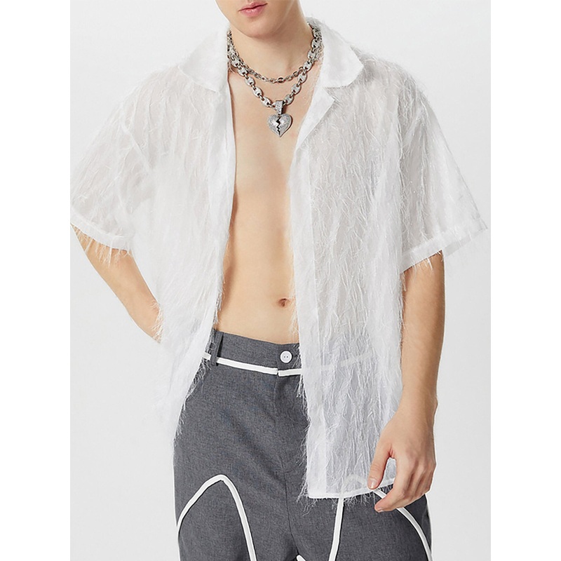 INCERUN Mens Shirts Fringed Chiffon White Shirt V-neck Lapel Short Sleeve Shirt Solid Color Men Clothing
