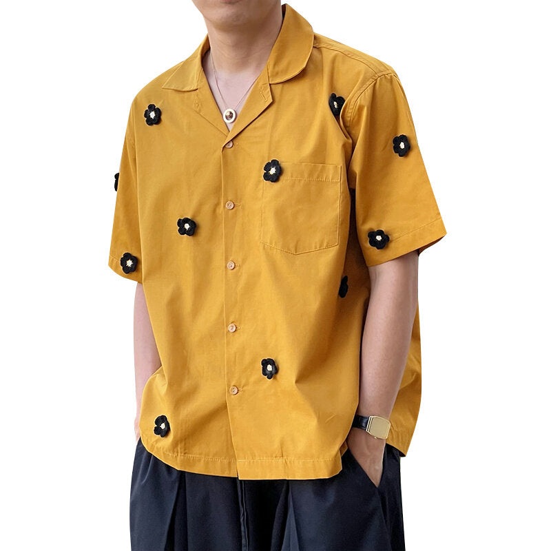 INCERUN Mens Shirts Handmade appliqud Short-sleeve Shirt Summer Daily Solid Color Lapel Top Shirts