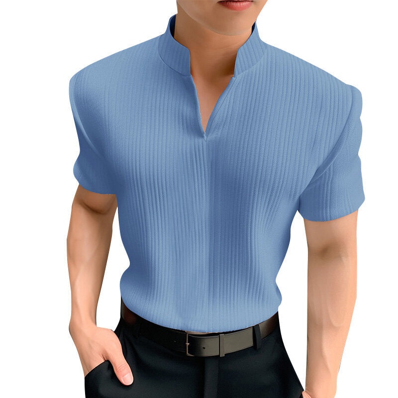 INCERUN Mens T Shirt Solid Color Stand Collar T-shirt Summer Comfy Cool V Neck Short Sleeve Tshirts Top Male Clothing