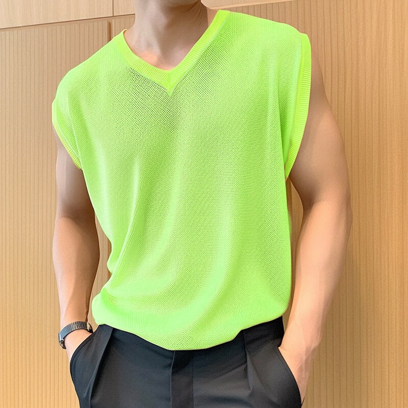 INCERUN Mens Tank Tops Fashion Bright See Through Men’s Mesh Vests Summer Cool Solid Color V-neck Sleeveless Top Casual Male Clothing
