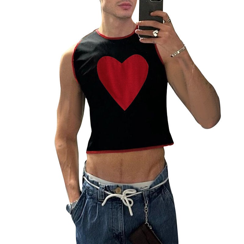 INCERUN Mens Tops Men’s Fashion Chest Love Pattern Vests Summer Daily Casual Patchwork Sleeveless Top S-5XL