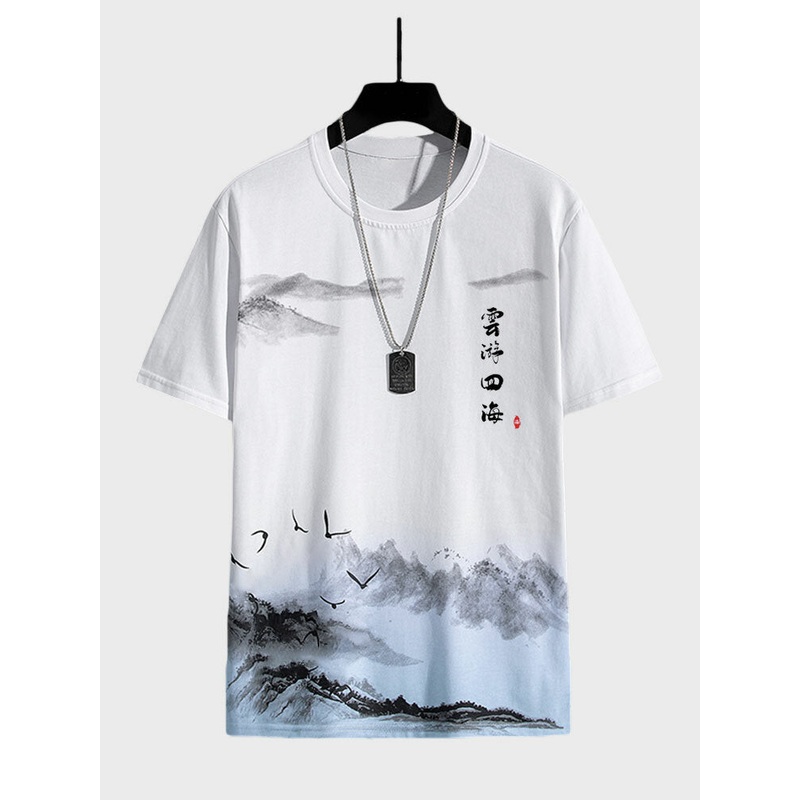 Mens Chinese Landscape Ink Painting Crew Neck Short Sleeve T-Shirts