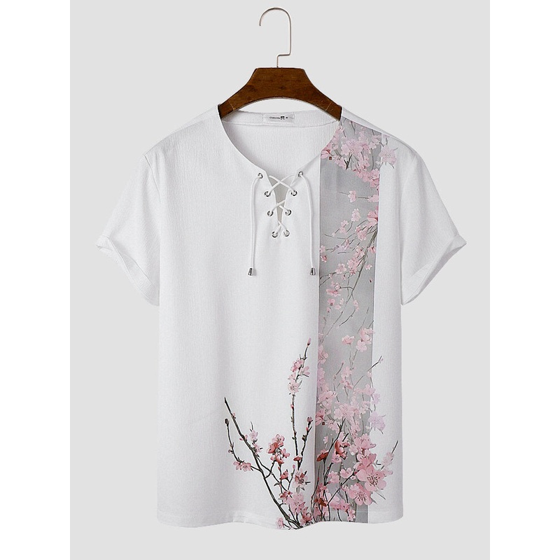 Mens Chinese Plum Bossom Print Lace Up Neck Short Sleeve T-Shirts