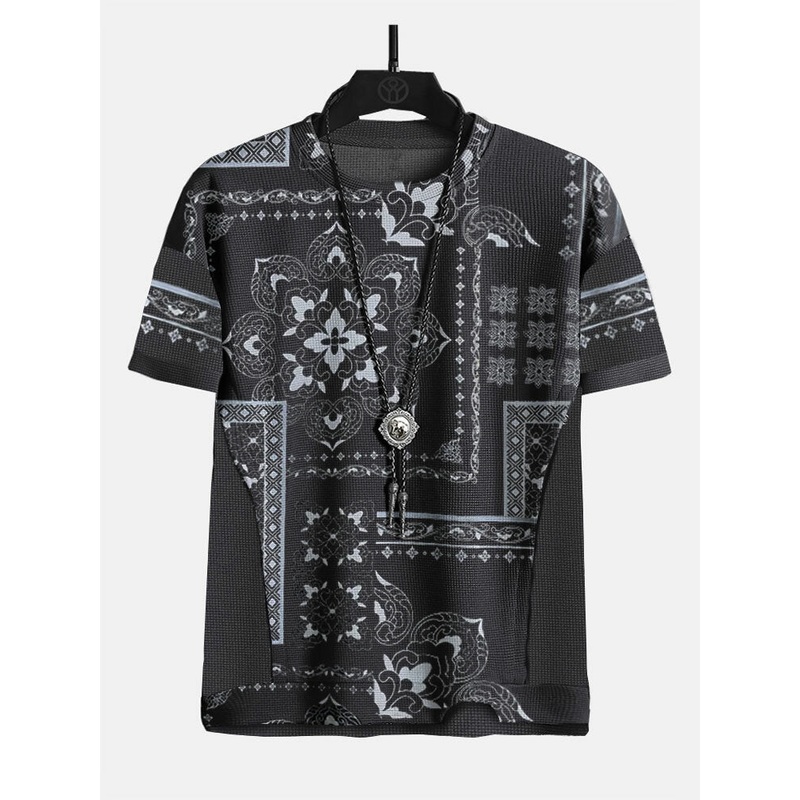 Mens Ethnic Floral Print Crew Neck Knit Short Sleeve T-Shirts