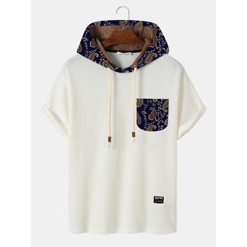Mens Ethnic Paisley Print Pocket Knit Short Sleeve Hooded T-Shirts