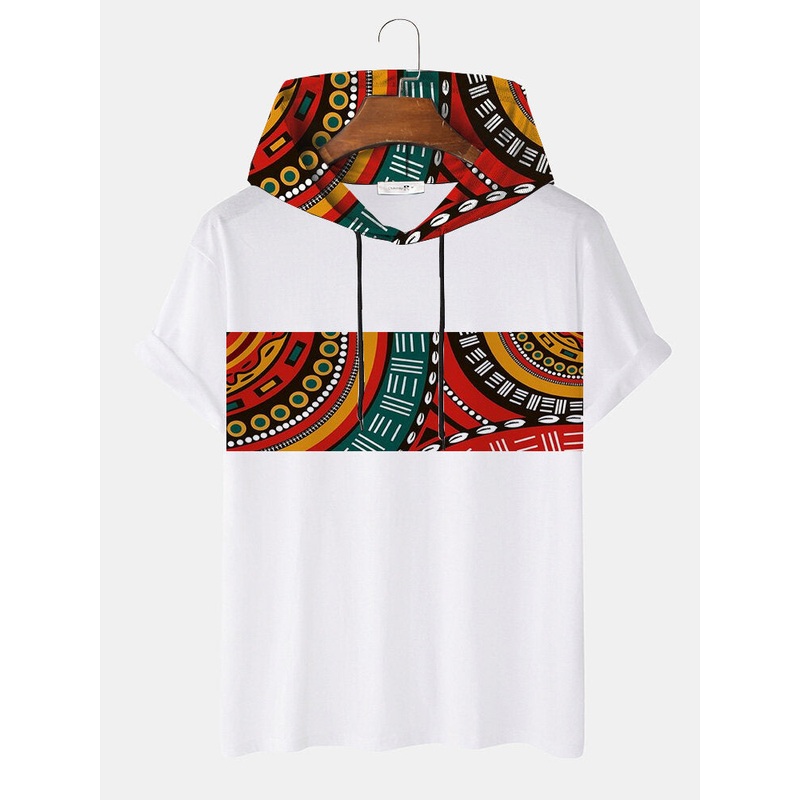 Mens Ethnic Totem Print Patchwork Short Sleeve Hooded T-Shirts