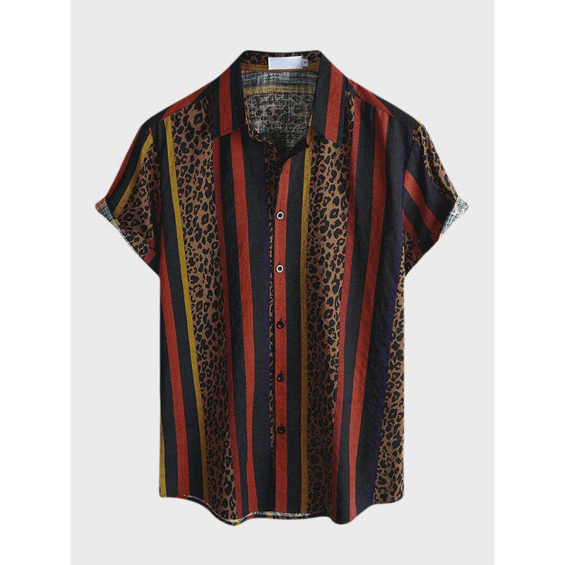 Mens Leopard & Striped Patchwork Lapel Vacation Short Sleeve Shirts