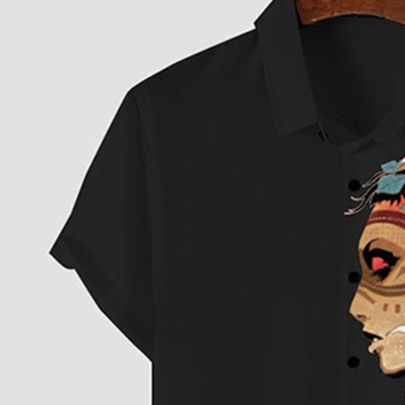ChArmkpR Mens Shirts Ethnic Figure Side Print Lapel Short Sleeve Black Shirts