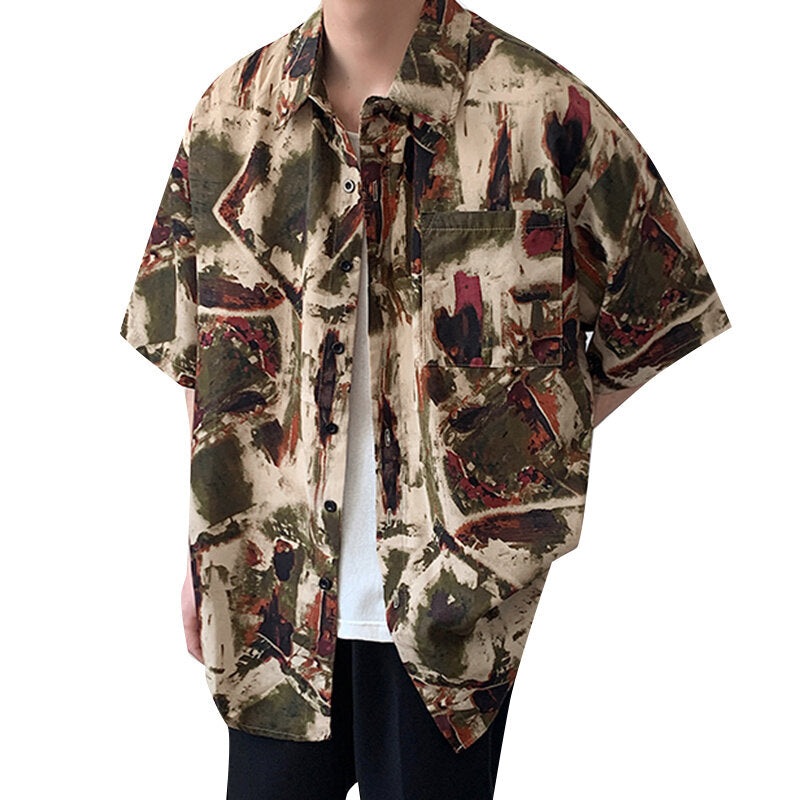 INCERUN Men Print Shirts Summer Comfy Beach Shirts with Pocket Casual Short Sleeve Lapel Daily Tops