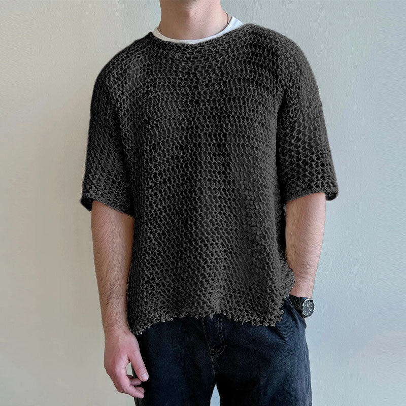INCERUN Men’s Hollow Out Mesh T-Shirt Fashion Solid Color See-through Tshirt All-match White Short Sleeve T Shirts Daily Casual Black Tee Tops for Men