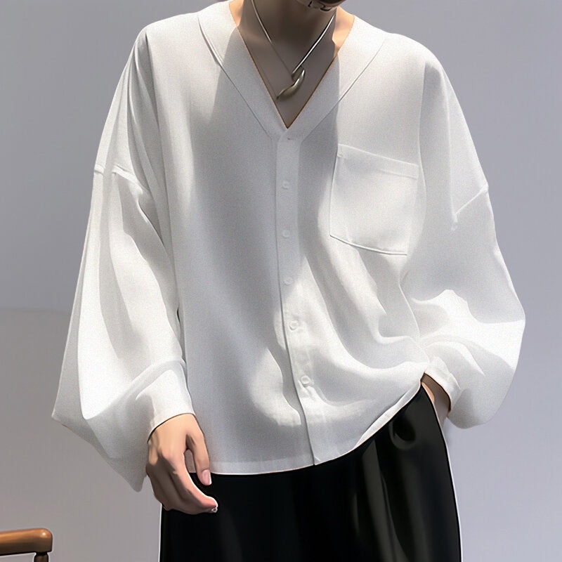 INCERUN Men Shirts Casual Blue Shirts Daily Long Sleeve White Shirts Solid Color V-neck Orange Shirts Summer Comfy Top with Breast Pocket