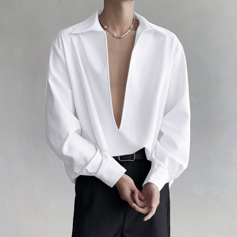 INCERUN Men Shirts Fashion Big V-neck Lapel White Shirt Summer Daily Long Sleeve Blue Shirts Men’s Casual Top