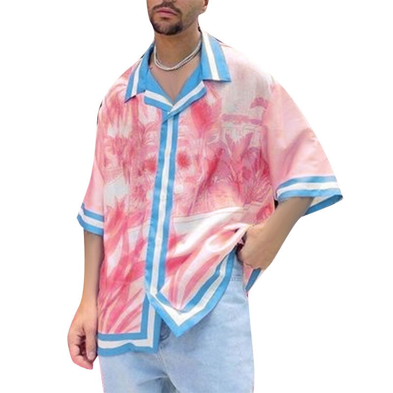 INCERUN Men Shirts Fashion Pink Florals Blue Line Patchwork Design Half Sleeve Shirt Summer Beach Shirts Top