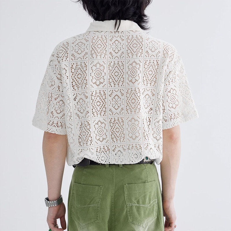 INCERUN Men Shirts Patchwork Lace Floral Lapel White Shirt Summer Daily Cool Short Sleeve Men’s White Top