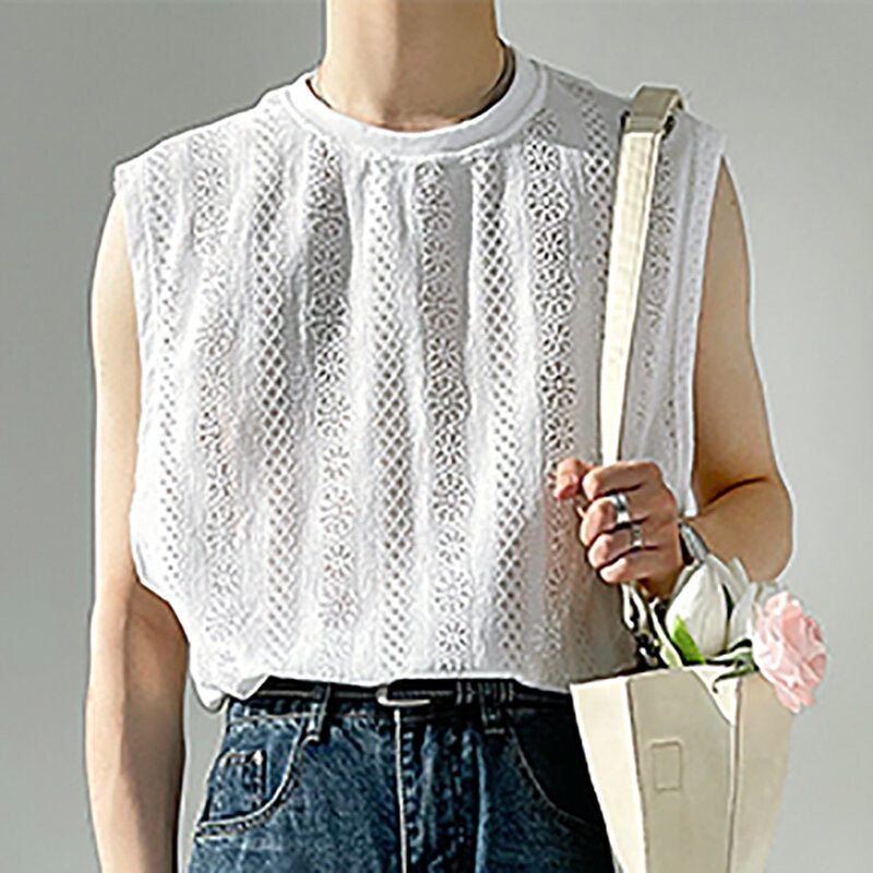 INCERUN Men Tank Tops White Lace Printed Tanks O-neck Sleeveless Breathable See Through Vests Men Loose Casual Thin White Tops 5XL