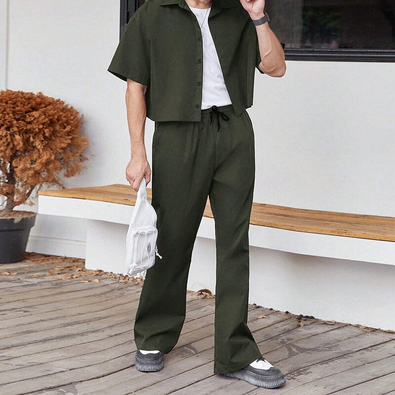 INCERUN Men Two Pieces Set Fashion Solid Color Short Shirt + Pants Summer Casual Daily Mens Clothing Set