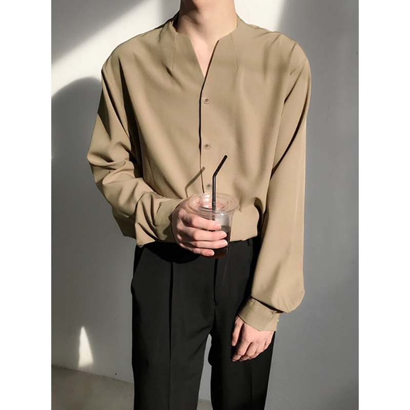 Men Solid Collarless Casual Button Up Long Sleeve Shirt