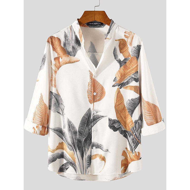 Mens Leaf Print Stand Collar 3/4 Sleeve Shirt