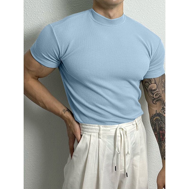 Mens Rib Knit Half-Collar Solid T-Shirt