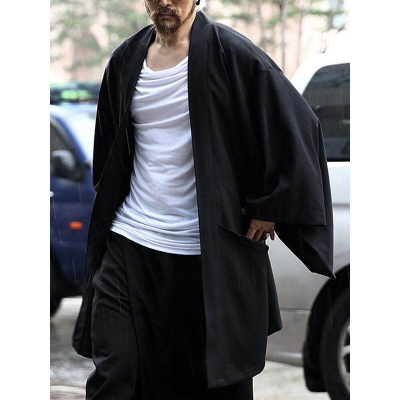 Mens Solid Cotton Loose 3/4 Sleeve Kimono