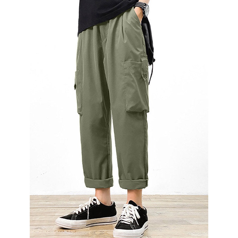 Mens Solid Drawstring Waist Casual Cargo Pants