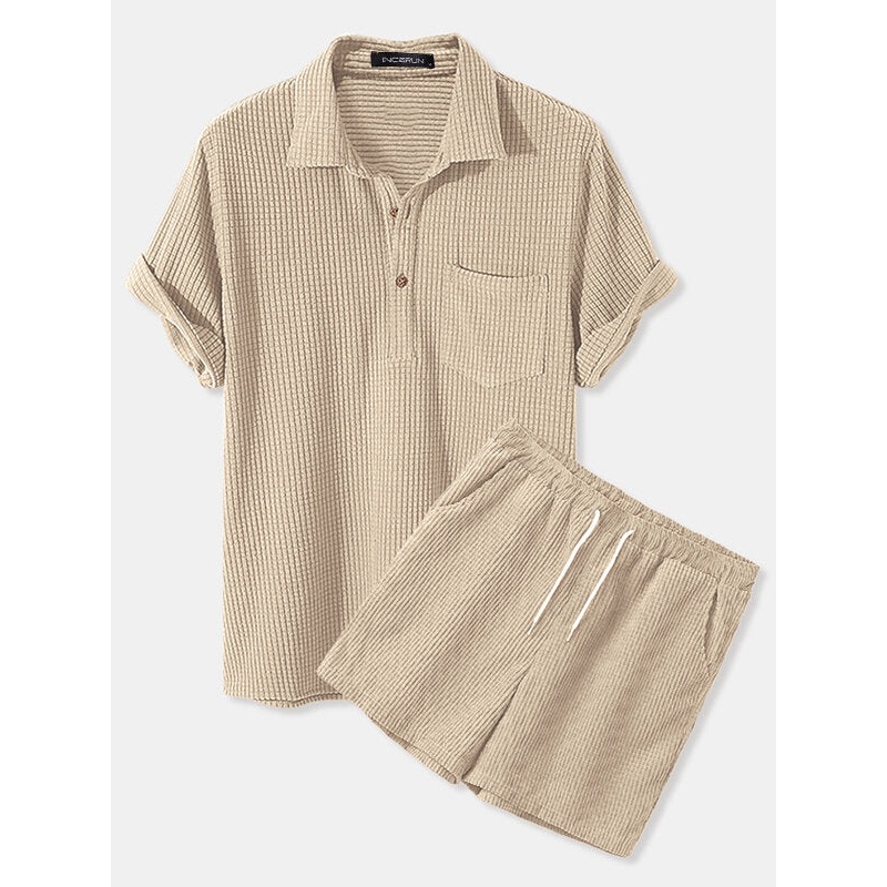Mens Solid Golf Shirt Corduroy Casual Two Pieces Outfits