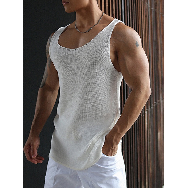 Mens Solid Knit Crew Neck Sleeveless Tank Top