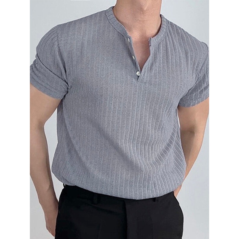 Mens Solid Quarter Button Rib-Knit Short Sleeve T-Shirt