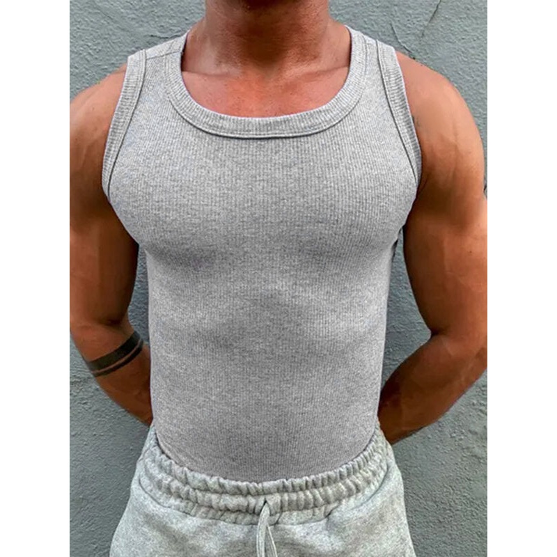 Mens Solid Rib-Knit Crew Neck Tank Top