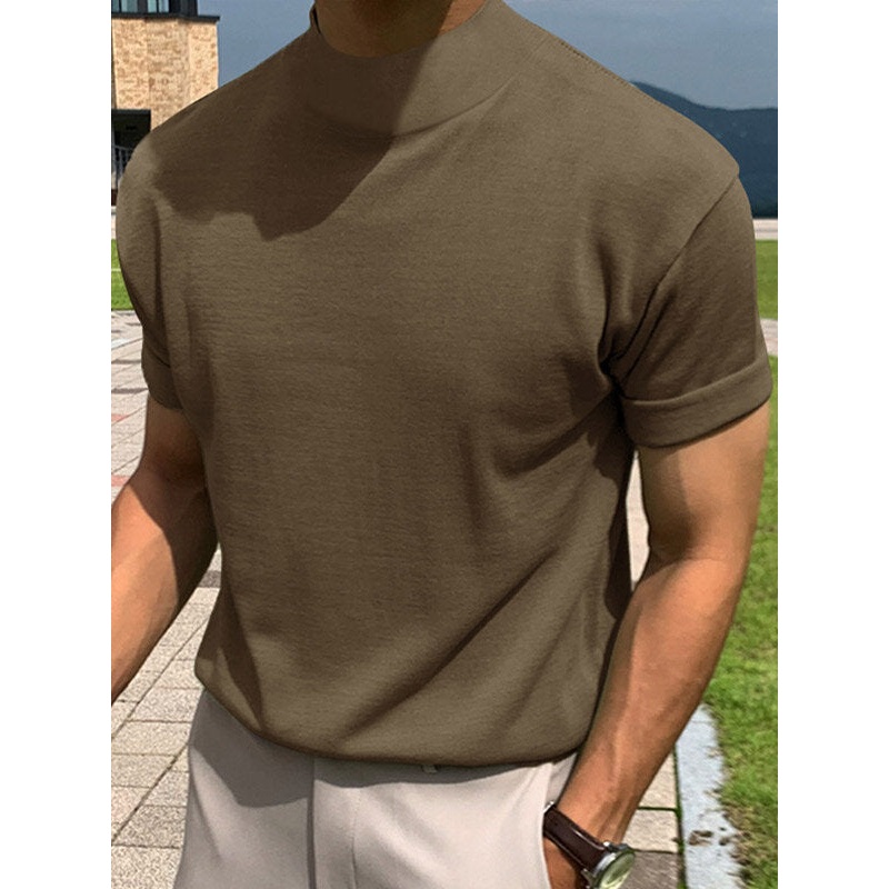 Mens Solid Short Sleeve Half-Collar T-Shirt