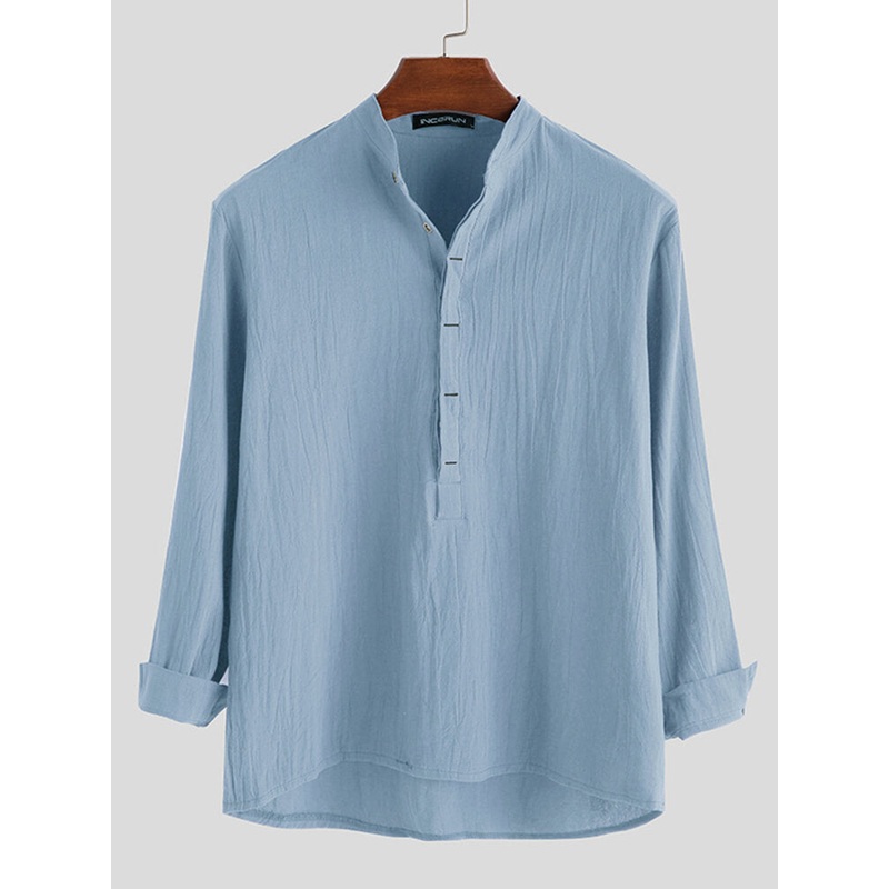 Mens Solid Stand Collar Cotton Long Sleeve Henley Shirt