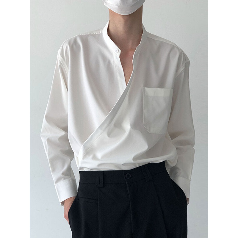 Mens Solid Stand Collar Wrap Design Long Sleeve Shirt