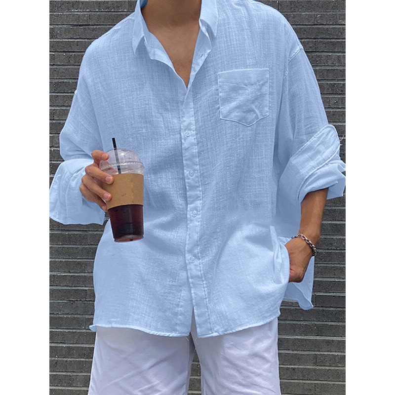 Mens Solid Texture 100%Cotton Long Sleeve Shirt