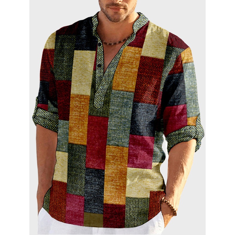 Mens Color Block Print Half Button Long Sleeve Henley Shirts