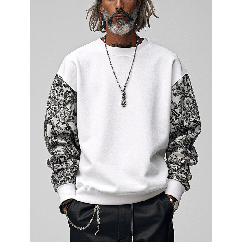 Mens Ethnic Floral Print Patchwork Pullover Sweatshirts