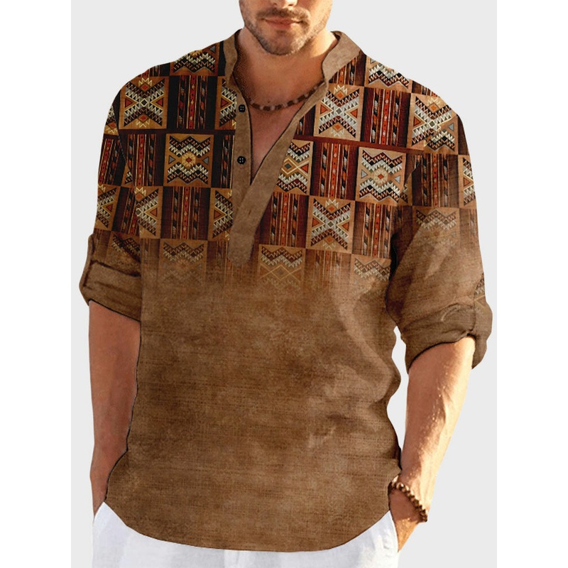 Mens Ethnic Geometric Print Half Button Long Sleeve Henley Shirts