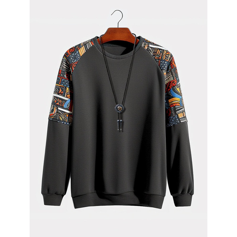 Mens Ethnic Pattern Patchwork Raglan Sleeve Pullover Sweatshirts