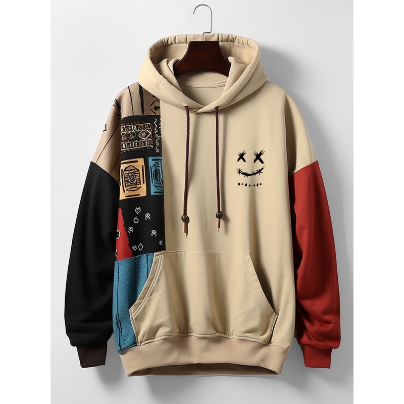 Mens Ethnic Smile Print Color Block Patchwork Kangaroo Pocket Hoodies