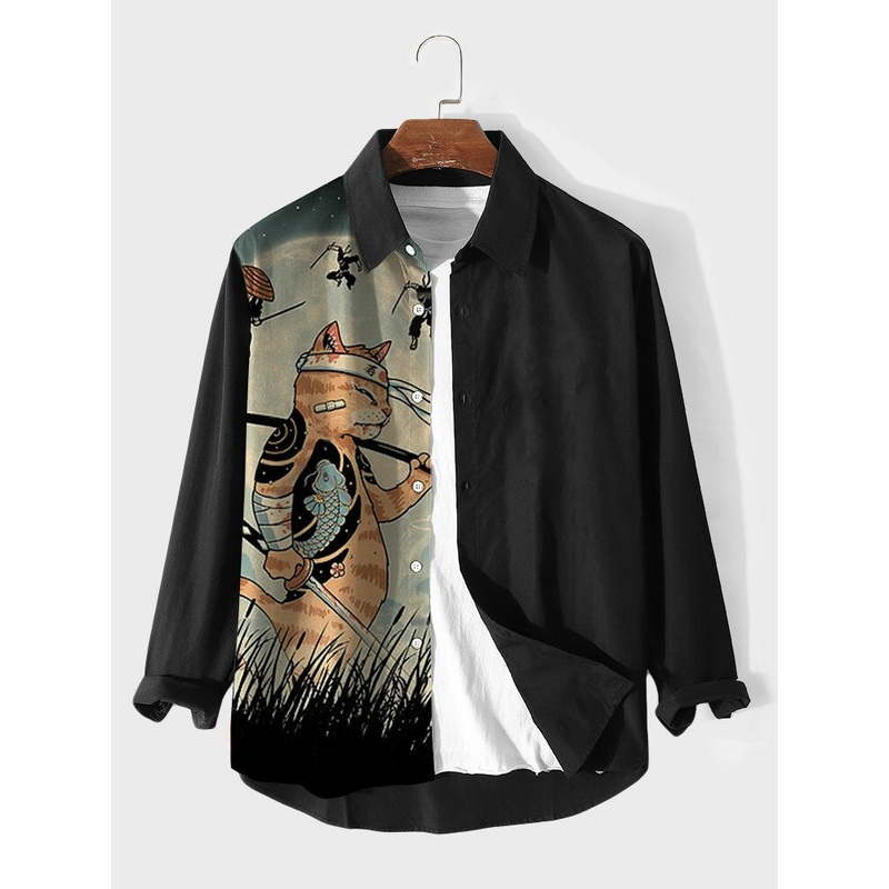 Mens Japanese Cat Fish Print Patchwork Long Sleeve Shirts