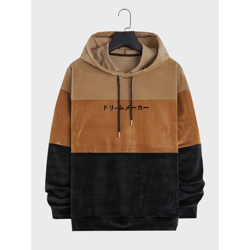 Mens Japanese Print Color Block Patchwork Drawstring Hoodies